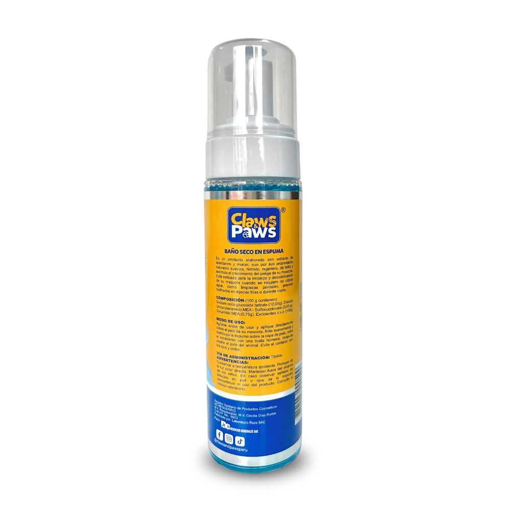 Claws & Paws Baño de espuma seco (shampoo espumoso) perros 250 ml.