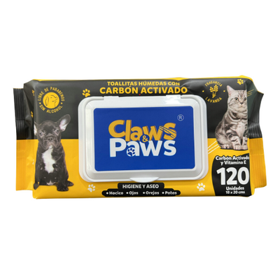 Claws & Paws Toallitas humedas Carbón (Carbón Activado y Vitamina E) x 120 unidades x 12 paquetes
