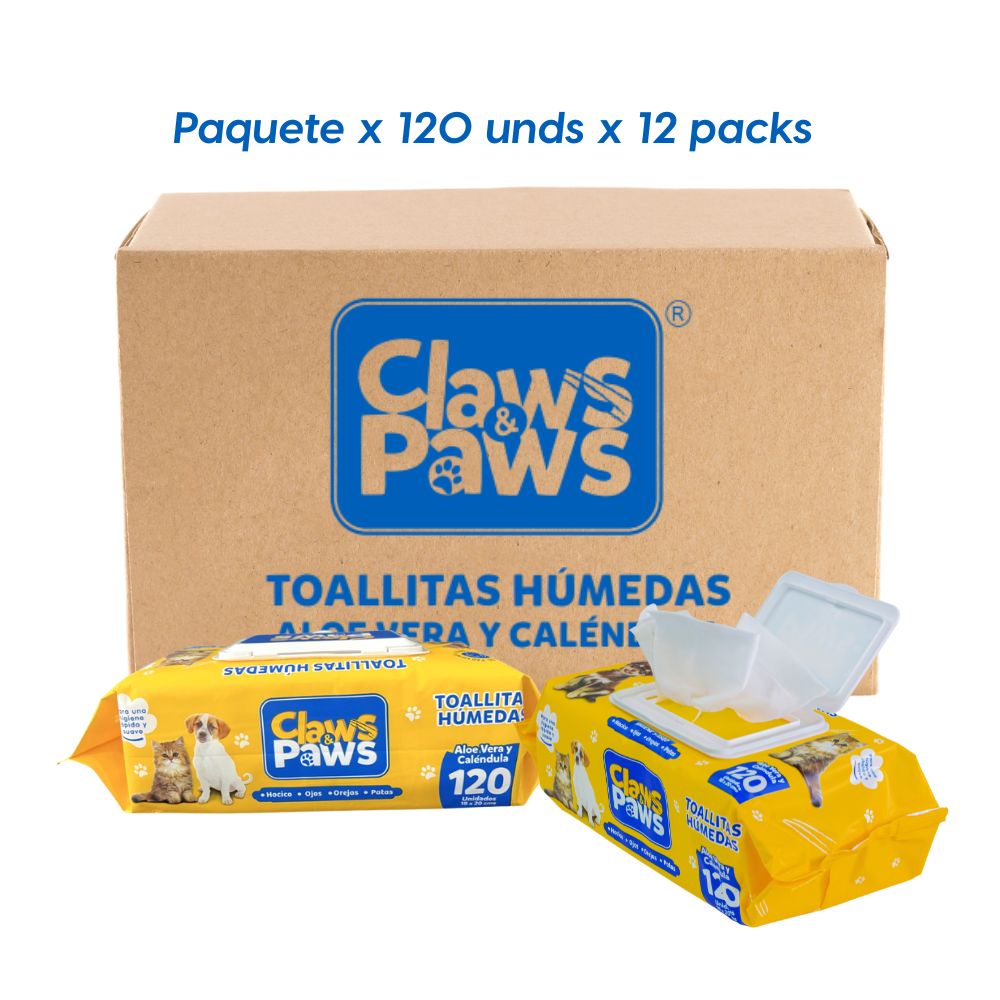 Claws & Paws Toallitas humedas (Aloe vera y calendula) x 120 unidades x 12 paquetes