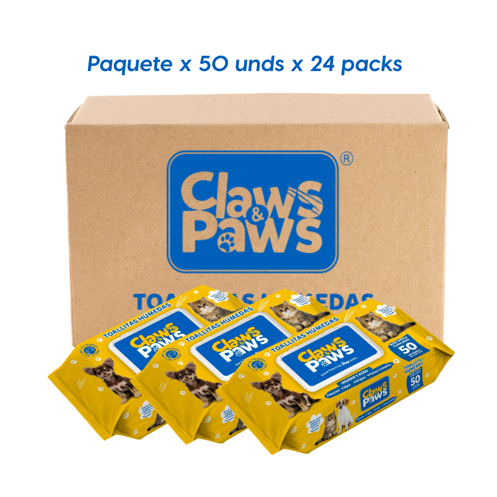 Claws & Paws Toallitas humedas (Aloe vera y calendula) x 50 unidades x 24 paquetes