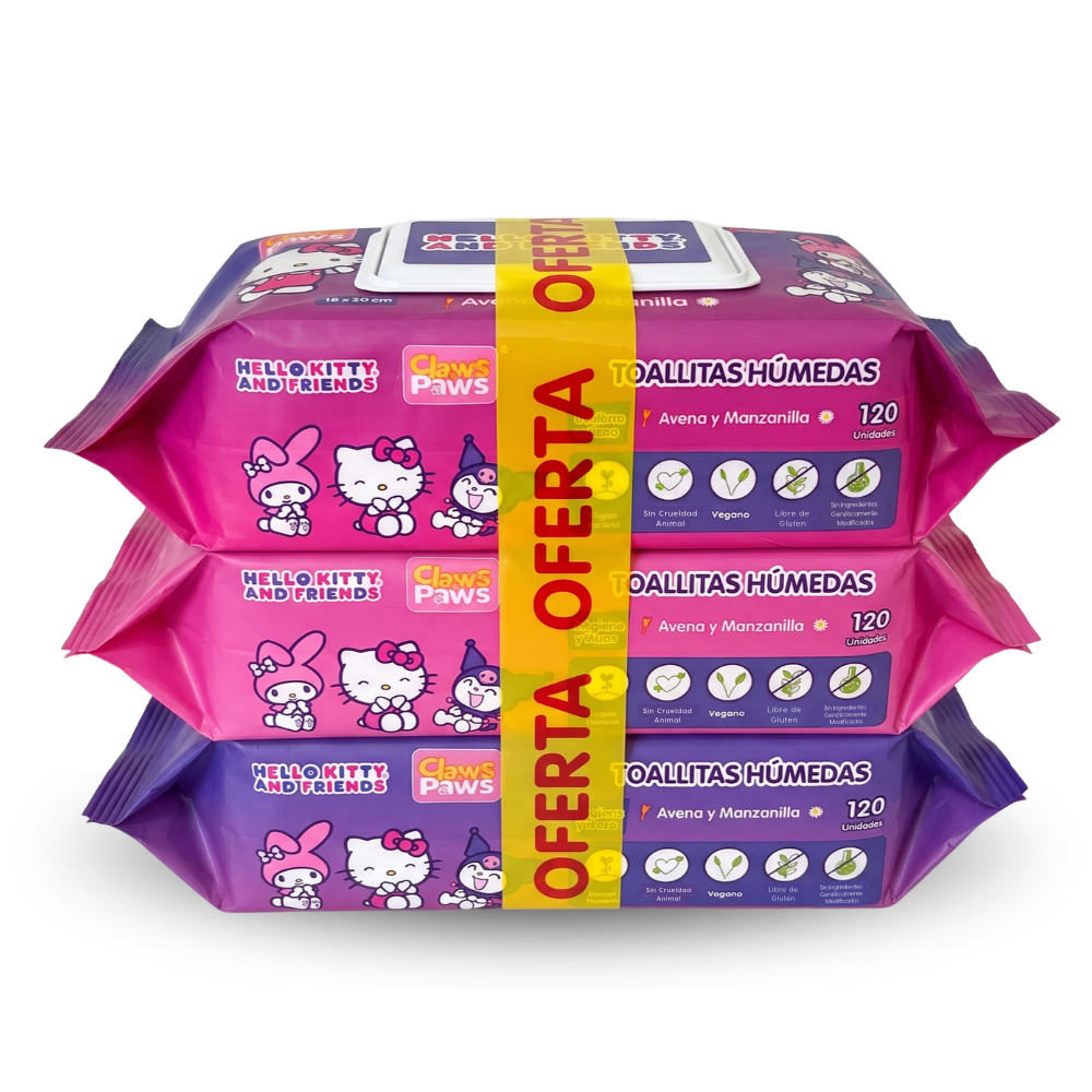 Hello Kitty X Claws & Paws PROMO PACK X 3 Toallitas humedas (Avena y manzanilla) x 120 unidades