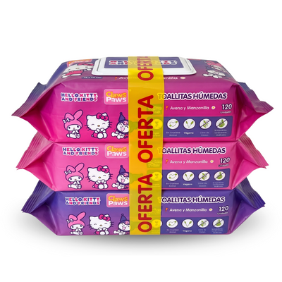 Hello Kitty X Claws & Paws PROMO PACK X 3 Toallitas humedas (Avena y manzanilla) x 120 unidades