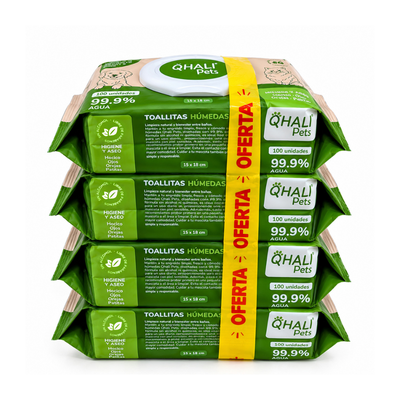 Qhali Pets PROMO PACK X 4 Toallitas humedas 99.9% agua purificada x 100 unidades