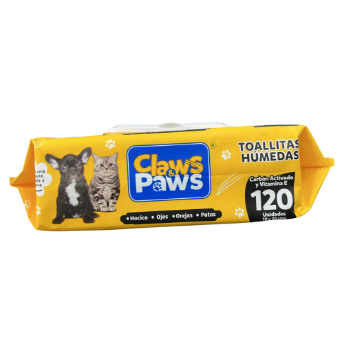 Claws & Paws Toallitas humedas Carbón (Carbón Activado y Vitamina E) x 120 unidades