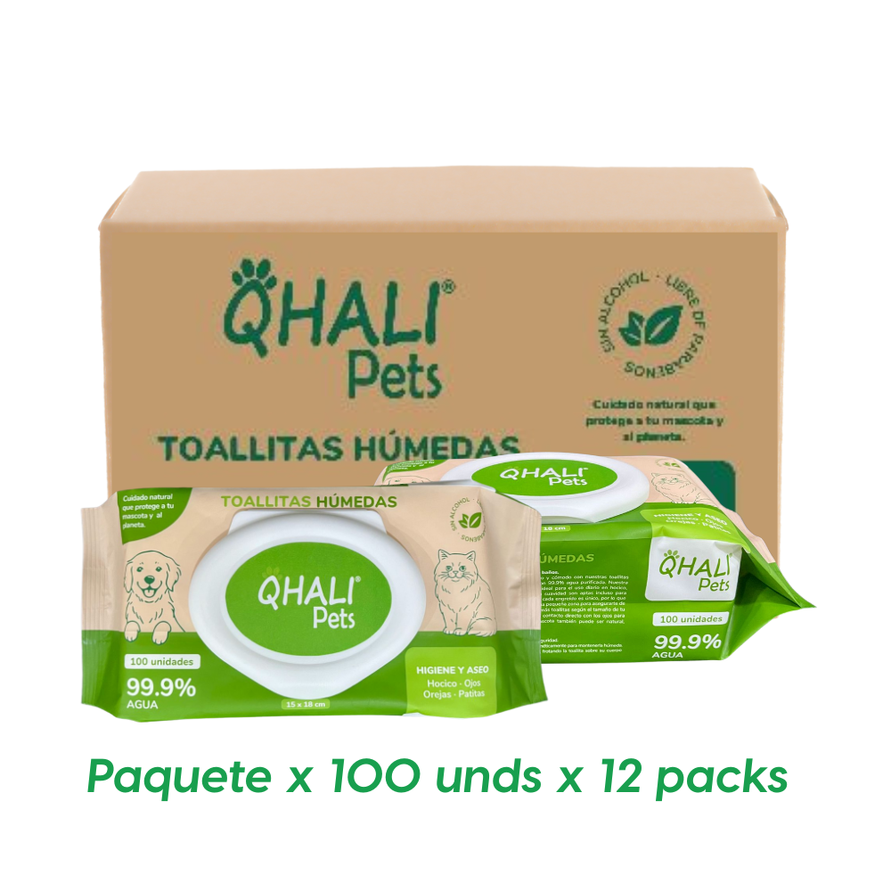 Qhali Pets Toallitas humedas 99.9% agua purificada x 100 unidades x 12 paquetes