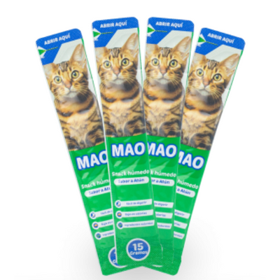 Mao Snack húmedo atún 4 tubos x 15 gr. (CAJA DE 12 UNIDADES)