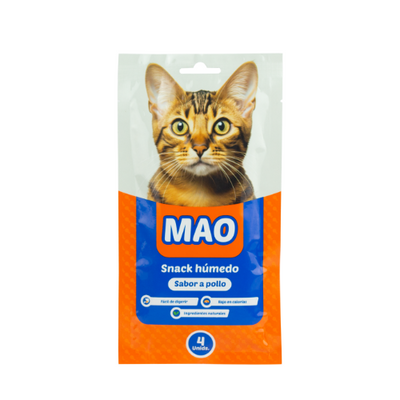 Mao Snack húmedo pollo 4 tubos x 15 gr. (CAJA DE 12 UNIDADES)