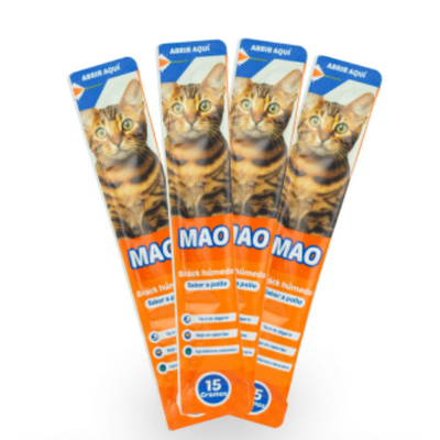 Mao Snack húmedo pollo 4 tubos x 15 gr. (CAJA DE 12 UNIDADES)