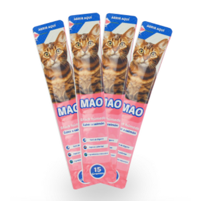 Mao Snack húmedo salmón 4 tubos x 15 gr. (CAJA DE 12 UNIDADES)