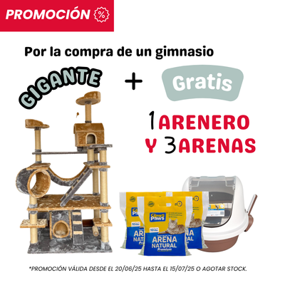 Claws & Paws Gimnasio rascador gigante (color beige/gris) + 1 Arenero mocca + 3 Arenas naturales