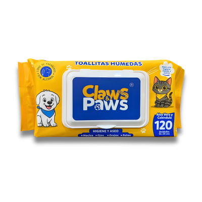 Claws & Paws Toallitas humedas (Aloe vera y calendula) x 120 unidades x 12 paquetes