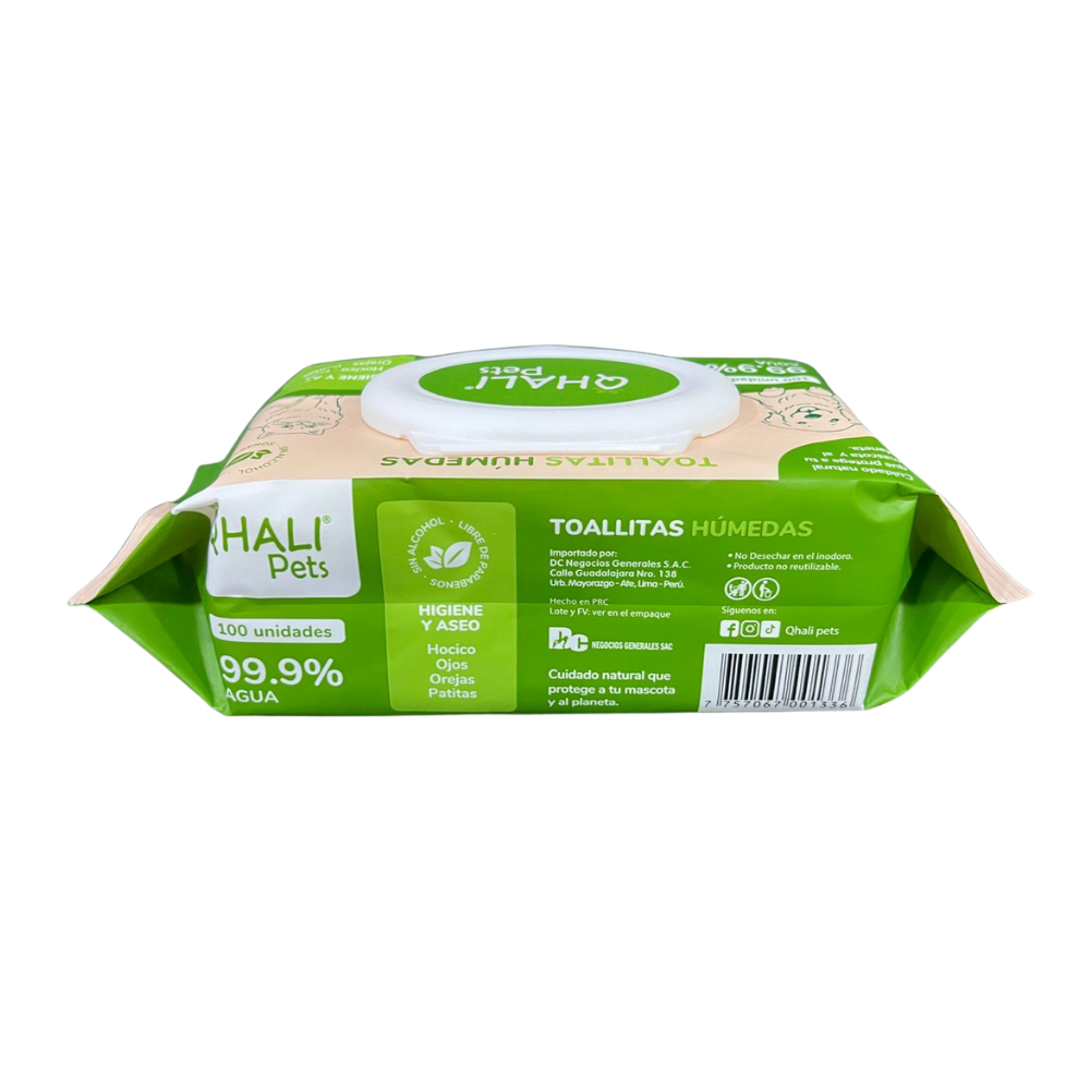 Qhali Pets Toallitas humedas 99.9% agua purificada x 100 unidades