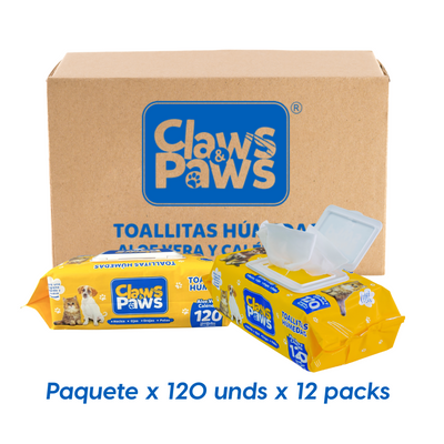 Claws & Paws Toallitas humedas (Aloe vera y calendula) x 120 unidades x 12 paquetes