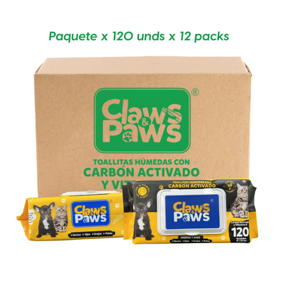 Claws & Paws Toallitas humedas Carbón (Carbón Activado y Vitamina E) x 120 unidades x 12 paquetes