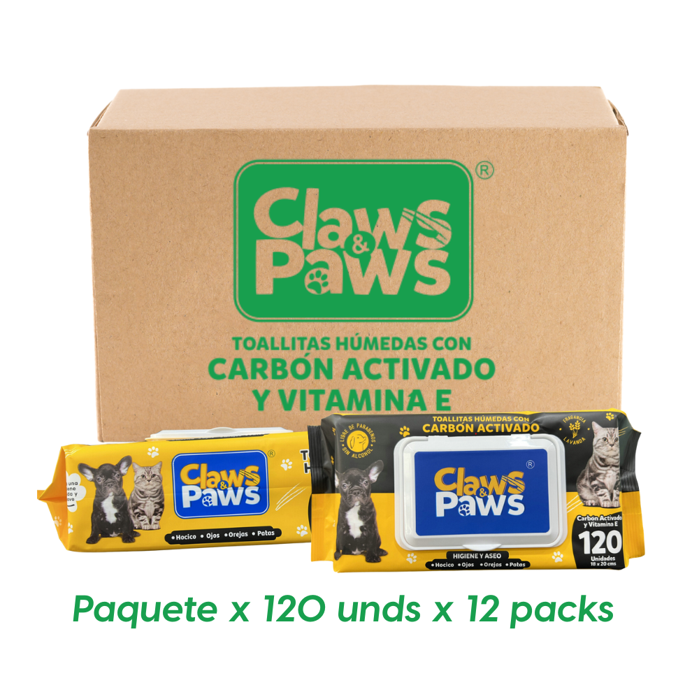 Claws & Paws Toallitas humedas Carbón (Carbón Activado y Vitamina E) x 120 unidades x 12 paquetes
