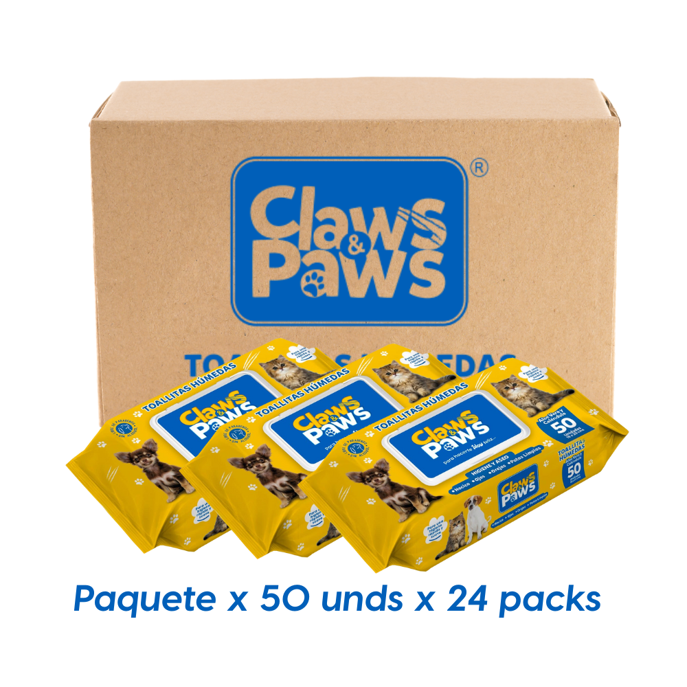 Claws & Paws Toallitas humedas (Aloe vera y calendula) x 50 unidades x 24 paquetes