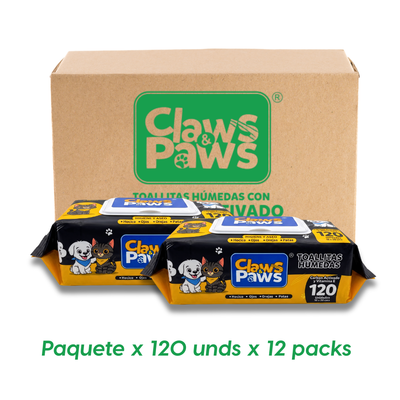 Claws & Paws Toallitas humedas Carbón (Carbón Activado y Vitamina E) x 120 unidades x 12 paquetes