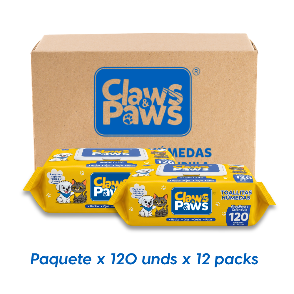 Claws & Paws Toallitas humedas (Aloe vera y calendula) x 120 unidades x 12 paquetes