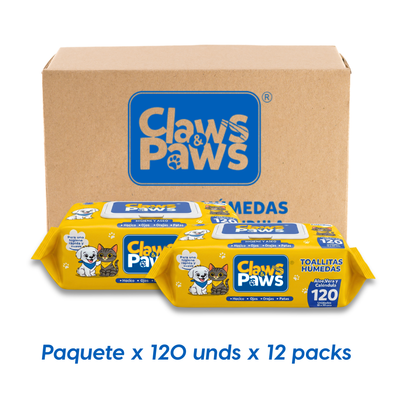 Claws & Paws Toallitas humedas (Aloe vera y calendula) x 120 unidades x 12 paquetes