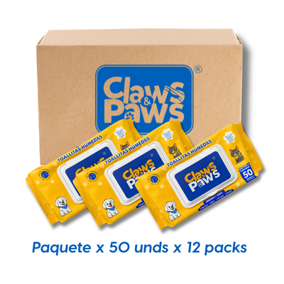 Claws & Paws Toallitas humedas (Aloe vera y calendula) x 50 unidades x 12 paquetes